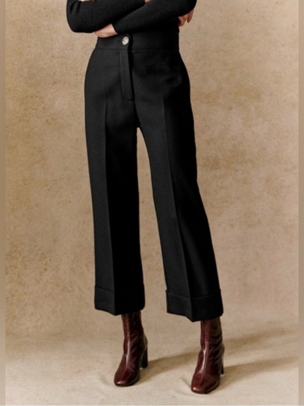 Sezane Damon High-Waist Black Tailored Wide-Leg Pants Size 34/2